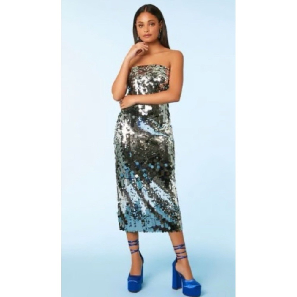 Sequin Strapless Midi Dress XS New FOREVER 21 Women's Black Silver Metallic NWT - Picture 6 of 6
